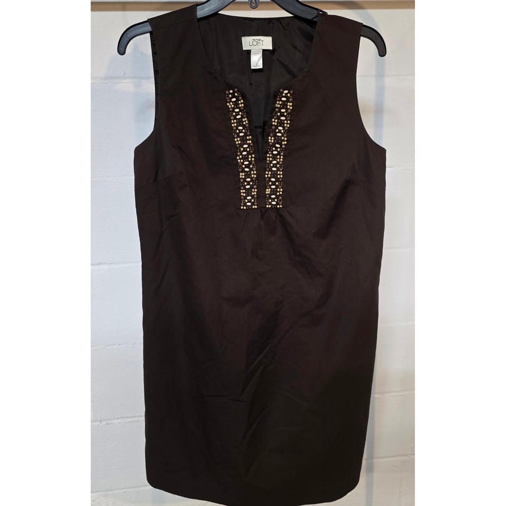Ann Taylor LOFT Sz 6 Brown Beaded Split Neck Sleeveless Shift Dress 100% Cotton